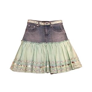 Girls Vintage denim & green sequence skirt size 8